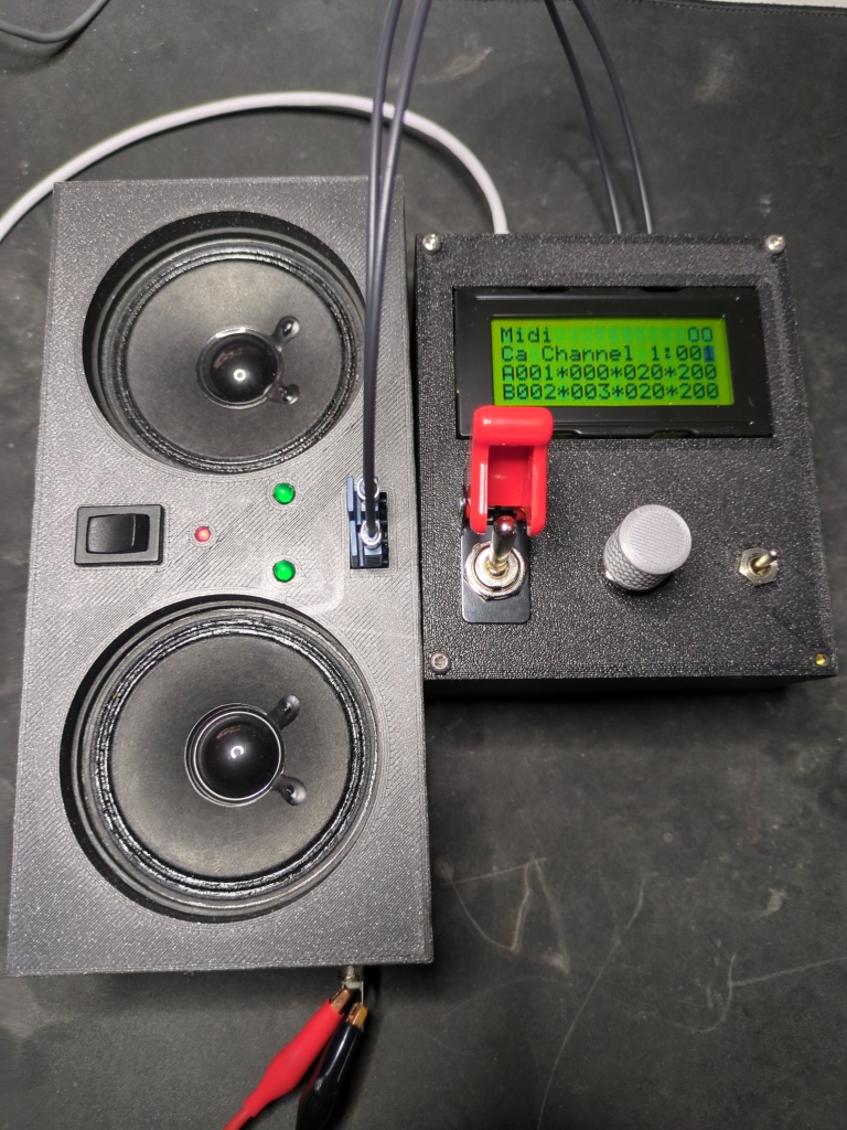 The Dual Tesla coil controller built, next to the tester used to test the feasibility of Midi Files and setups